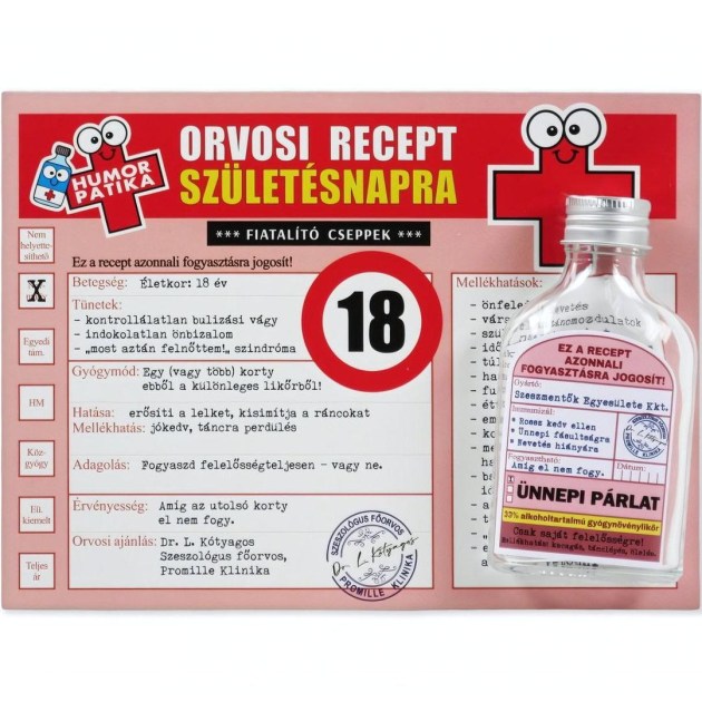 CQ06675 Vicces Orvosi Recept  Flaska 18 Szuletesnapra 20x15cm OB12160001