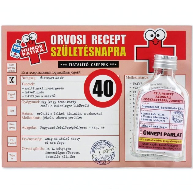 CQ06677 Vicces Orvosi Recept Flaska 40 Szuletesnapra 20x15cm OB12160003