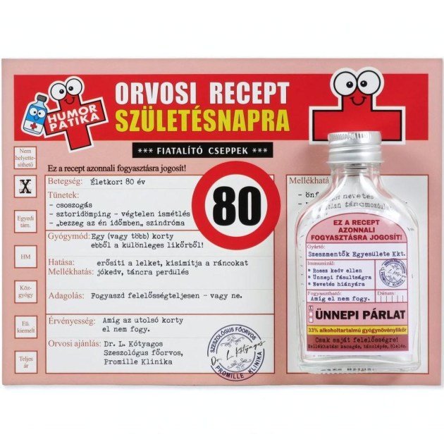 CQ06681 Vicces Orvosi Recept Flaska 80 Szuletesnapra 20x15cm OB12160007