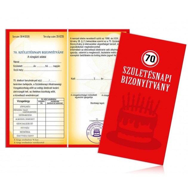 Bizonyitvany Biz008 70 Szuletesnapi Bizonyitvany Szuletesnapi Ajandek