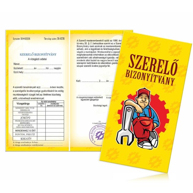 Bizonyitvany Biz090 Szerelo Bizonyitvany Ajandek Szereloknek